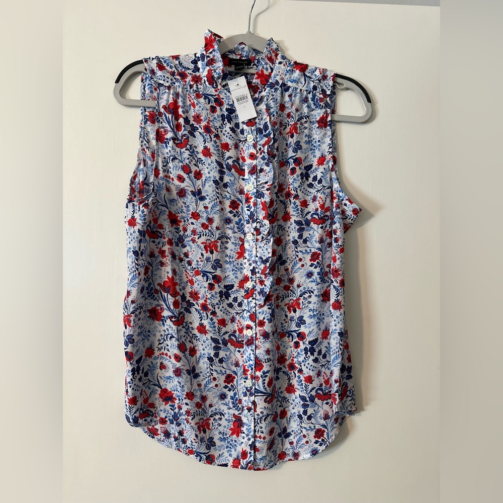 Ann Taylor Red and Blue Floral Sleeveless Blouse